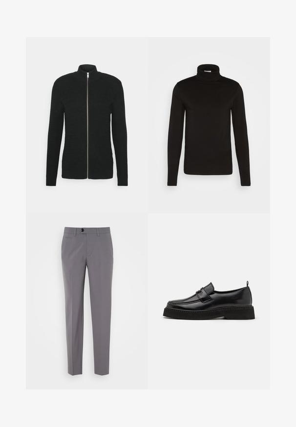Lindbergh O-NECK STRUCTURE - Sweater met rits - black; Zwarte coltrui met lange mouwen, gemaakt van een gladde stof met een aansluitend ontwerp en een hoge, strakke kraag. Geen patronen of accenten zichtbaar.; Grijze op maat gemaakte broeken met een gladde textuur, rechte pijpen, sluiting met één knop en voorzakken. Geen zichtbare patronen of accenten.; Zwarte leren instapschoenen in loafer-stijl, met een vlakke, gestructureerde zool, voorzien van een gestikte neus en een band over de wreef.