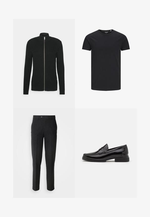 Lindbergh O-NECK STRUCTURE - Sudadera con cremallera - black; Camiseta de algodón negra con cuello redondo, mangas cortas y un diseño sencillo. Textura suave, sin patrones ni herrajes visibles.; Lindbergh Pantalones - black melange; Mocasines de cuero negro con punta redondeada, que presentan un detalle cosido a través del empeine y un tacón bajo y cuadrado. Textura suave y acabado brillante.
