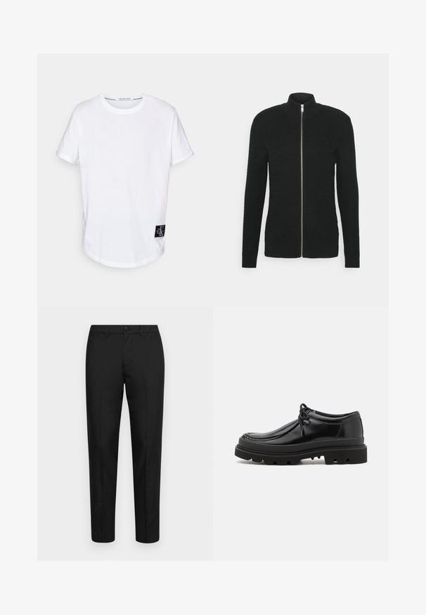 Lindbergh O-NECK STRUCTURE - Sweatjacke - black; Weißes Baumwoll-T-Shirt mit umgeschlagenen Kurzärmeln, abgerundetem Saum und einem schwarzen Logotag mit "CK" auf der unteren linken Seite.; Schwarze Hose aus glattem Stoff mit schlankem Schnitt, ausgestattet mit einem Knopfverschluss, Gürtelschlaufen und gerade geschnittenen Beinen.; Schwarze Leder-Derby-Schuhe mit einem eleganten Design, runder Zehenpartie und rutschfester Gummisohle mit tiefen Rillen für besseren Halt.