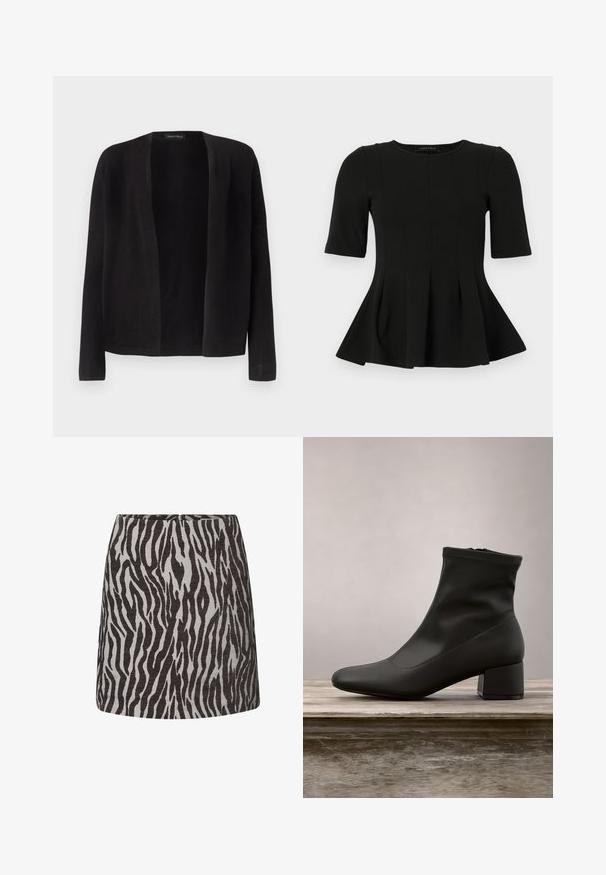 Sort, åben langærmet cardigan med lige kant forneden, uden knapper eller lukkemidler, vist på en ensartet lys baggrund.; Sort peplum top med korte ærmer og rund udskæring samt lodrette sømdetaljer, vist på en hvid baggrund.; Mini nederdel med sort og grå zebra mønster, lige snit og en skjult lynlås bagpå.; Sort ankelstøvle med en glat, skinnende læderfinish, en skrå blokhælkappe og en tætsiddende, elastisk overdel for en slank silhuet.