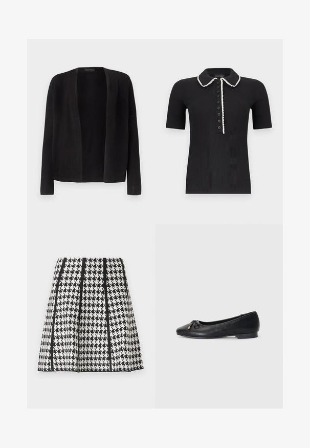 Sort, åben langærmet cardigan med lige kant forneden, uden knapper eller lukkemidler, vist på en ensartet lys baggrund.; Sort ribstrikket kortærmet poloshirt med hvid kant langs kraven og knapstolpen, med syv sorte knapper foran.; Sort-hvid A-formet nederdel med et hundetandsmønster og lodrette sorte striber på en ensfarvet baggrund.; Sort læder balletflade med spids tå, med en lille sløjfedetail og gyldne accenter, samt en lav, rund hæl.