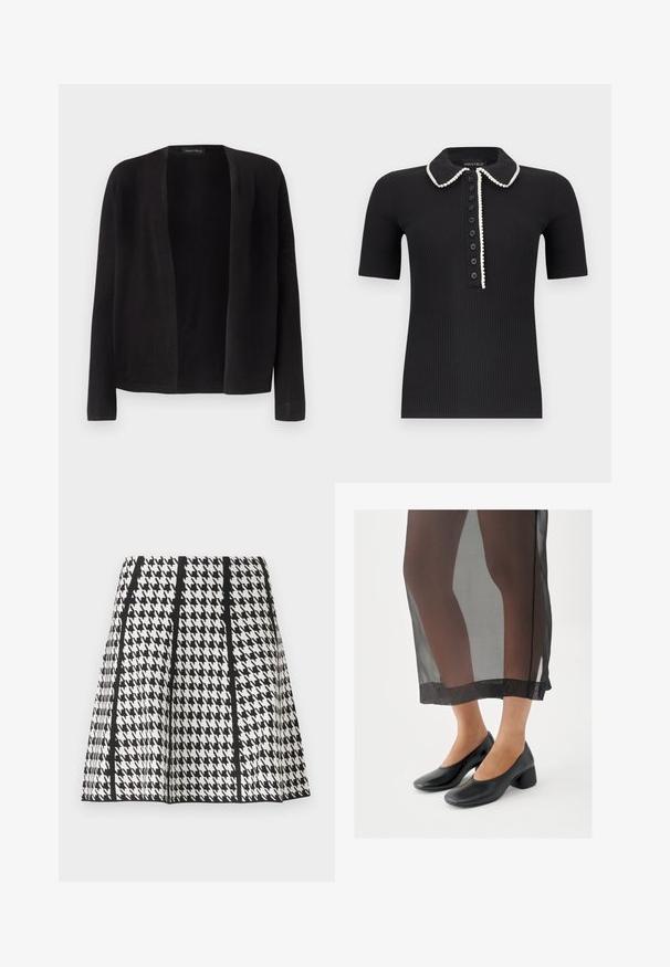 Cardigan noir à manches longues, ouvert à l'avant, avec un ourlet droit, sans boutons ni fermetures, présenté sur un fond clair uni.; Polo noir à manches courtes côtelé avec bordure blanche le long du col et de la patte de boutonnage, comportant sept boutons noirs à l'avant.; Jupe trapèze noire et blanche à motif pied-de-poule avec des rayures noires verticales sur un fond uni.; Chaussures noires à talons blocs avec une finition en cuir lisse, portées avec une jupe noire transparente à ourlet net et design minimaliste.