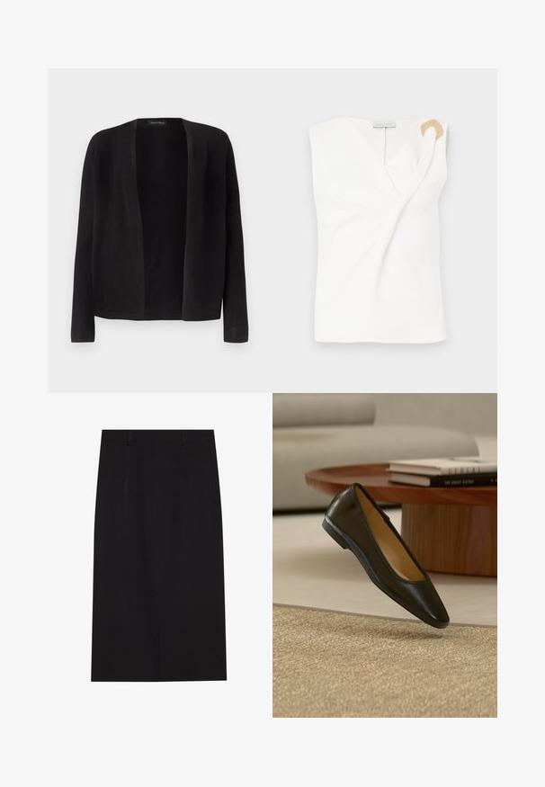 Cardigan noir à manches longues, ouvert à l'avant, avec un ourlet droit, sans boutons ni fermetures, présenté sur un fond clair uni.; Blouse sans manches blanche avec un design croisé, présentant un détail décoratif en forme d'anneau doré sur l'épaule droite.; Jupe crayon noire, longueur genou, faite d'un tissu lisse. Présente un design épuré avec deux coutures à l'avant et une fermeture éclair dissimulée au dos.; Chaussure plate en cuir noir avec bout carré arrondi sur un tapis tissé beige, avec une table basse en bois et des livres empilés en arrière-plan.