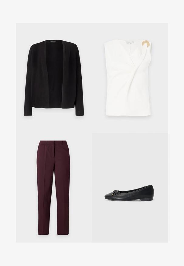 Zwarte openvallende cardigan met lange mouwen en rechte zoom, zonder knopen of sluitingen, weergegeven op een effen lichte achtergrond.; Mouwloze witte blouse met een wikkelontwerp, voorzien van een decoratieve ring in goudkleur op de rechter schouder.; Bordeauxrode rechte broek met een gladde textuur, voorzien van een vlakke voorkant en zonder zichtbare zakken. Op maat gemaakt ontwerp met een klassieke pasvorm.; Zwarte leren ballerina met een spitse neus, voorzien van een klein strikje en gouden accenten, en een lage, ronde hak.