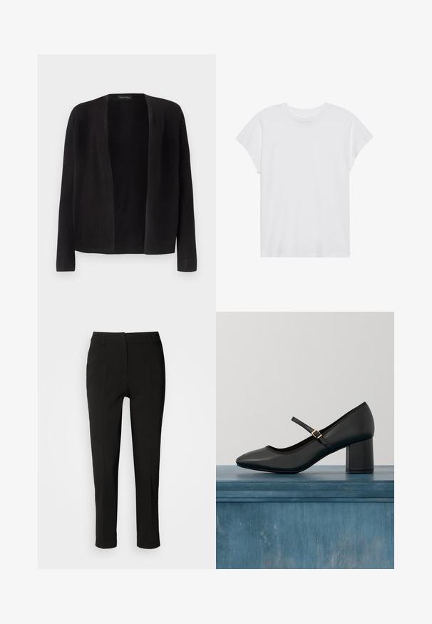 Cardigan noir à manches longues, ouvert à l'avant, avec un ourlet droit, sans boutons ni fermetures, présenté sur un fond clair uni.; T-shirt blanc à manches courtes, col rond, coupe décontractée, en tissu de coton doux. Texture lisse, sans motifs ni logos.; Pantalons noirs ajustés avec une coupe slim, devant plat et sans poches visibles, offrant une texture lisse et une finition soignée au bas.; Chaussure Mary Jane noire avec talon carré et sangle à boucle dorée, flottant au-dessus d'un sol en béton lisse dans un cadre intérieur minimaliste.
