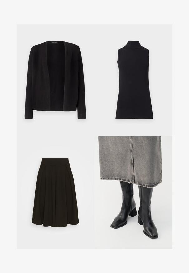 Cardigan noir à manches longues, ouvert à l'avant, avec un ourlet droit, sans boutons ni fermetures, présenté sur un fond clair uni.; Haut sans manches noir en col roulé, fabriqué à partir d'un tissu lisse. Design ajusté avec un col haut et un ourlet droit, minimaliste et de couleur unie.; Jupe plissée noire avec une large ceinture élastique. Fabriquée dans un tissu doux, elle présente un ourlet à mi-genoux et une texture lisse.; Bottes noires montantes en cuir lisse avec un bout carré et un talon bloc. Portées avec une jupe en denim grise à l'ourlet effiloché.