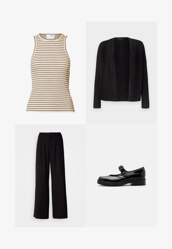 Musta avoimen etuosan pitkähiha cardigan, jossa suora helma, ei nappia tai kiinnikettä, esitetty yksinkertaisella vaalealla taustalla.; Hihaton beige ribbineulottu toppi, jossa on kapeita mustia vaakaraitoja ja pyöreä pääntie.; Mustat leveälahkeiset housut, jotka on valmistettu sileästä kankaasta. Housuissa on etupuolella laskoksia, istuva vyötärö ja ei näkyviä kuvioita tai korostuksia.; Mustaa kiiltonahkaa oleva Mary Jane -kengät pyöreällä varvassuulla, matalalla palikkakorolla ja säädettävällä solkilenkillä jalan päällä.