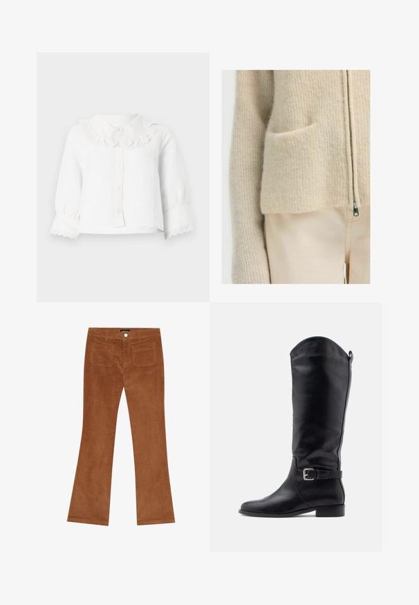 Gros plan sur un pull à fermeture éclair en tricot beige avec une poche frontale, porté avec un pantalon de couleur claire.; Blouse blanche à manches longues pour bébé avec col et poignets en dentelle festonnée, fermeture à boutons sur le devant et manches légèrement froncées.; Pantalons en velours côtelé marron évasés avec une texture côtelée, fermeture à bouton à l'avant et deux poches arrière.; Botte haute en cuir noir avec talon bas, bout arrondi, bride latérale avec boucle et languette de tirage sur une tige lisse, sur fond blanc.