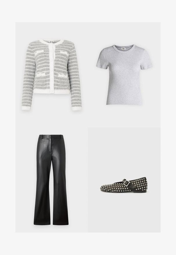Grau-weiß gestreifter, flauschiger Cardigan mit langen Ärmeln, rundem Ausschnitt und aufgesetzten Taschen vorne.; Hellgraues, tailliertes T-Shirt mit kurzen Ärmeln und Rippstruktur, rundem Ausschnitt und kleinem Markenlabel innen am Kragen.; Schwarze Lederhosen mit glatter Textur, weit geschnittenem Design und mid-rise Bund mit Gürtelschlaufen und Fronttaschen.; Schwarzer Ballerina mit abgerundetem Zehenbereich, verziert mit silbernen Nieten. Verfügt über einen Riemen mit Schnalle über dem Rist. Glatte Textur, niedriger Absatz.