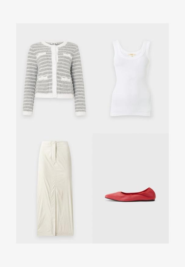 Grå og hvide stribede, bløde cardigan med lange ærmer, rund halsudskæring og påsyede lommer foran.; Hvid ribstrikket ærmeløs tanktop med rund halsudskæring, vist fladt mod en lys baggrund.; Lys beige, knælang nederdel lavet af glat, tekstureret stof. Har en frontslids og en knaplukning i taljen.; Filippa K REY FLATS - Ballerinasko - bright red