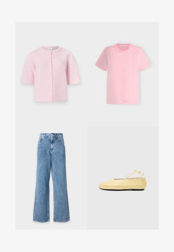 Cardigan à manches courtes et boutons sur le devant, de couleur rose pâle, avec un col rond et cinq boutons.; T-shirt rose manches courtes col rond avec un design uni sur un fond gris clair.; Jean en denim bleu clair taille haute avec jambes larges, passants de ceinture, fermeture par bouton et zip, poches avant et arrière.; Ballerines en cuir jaune avec un bout arrondi, une fine bride de cheville et une semelle en caoutchouc noir. Texture lisse avec des détails de conception minimaux.