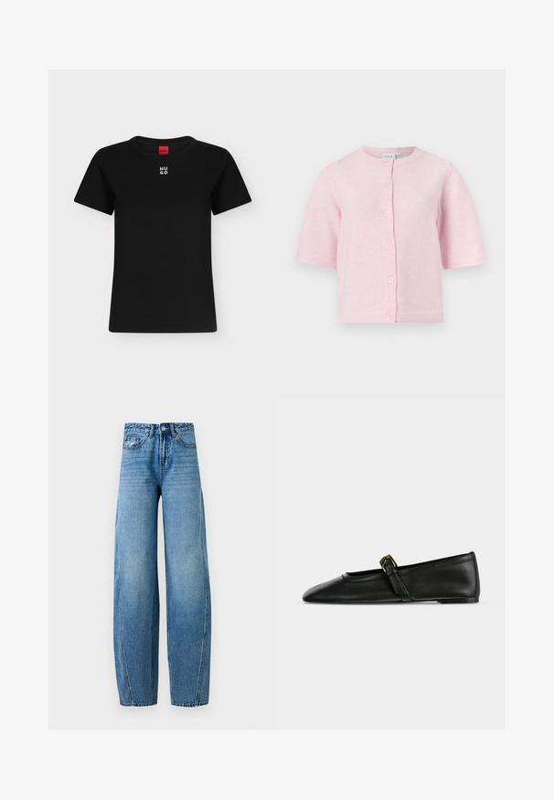 Cardigan à manches courtes et boutons sur le devant, de couleur rose pâle, avec un col rond et cinq boutons.; T-shirt noir à manches courtes avec col rond et logo blanc "HUGO" centré près du col, étiquette rouge à l'intérieur de l'encolure.; Jean en denim bleu taille haute avec jambes larges, fermeture devant par bouton et zip, poches avant et arrière, présenté sur un fond uni.; Chaussure plate Mary Jane en cuir noir à bout pointu avec une fine bride munie d'une petite boucle dorée, présentée de côté sur un fond uni.