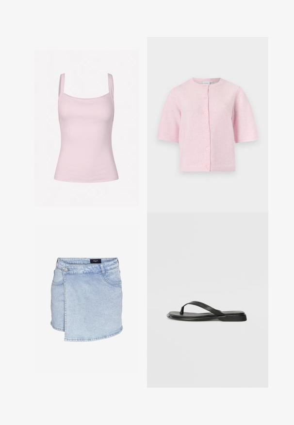 Cardigan à manches courtes et boutons sur le devant, de couleur rose pâle, avec un col rond et cinq boutons.; Débardeur rose clair côtelé avec de fines bretelles, présentant une coupe ajustée et une texture lisse, adapté pour le superposition ou une tenue décontractée.; Mini-jupe en denim bleu clair avec devant portefeuille asymétrique, poches avant, fermeture par bouton à la taille et passants pour ceinture.; Tongs noires en cuir lisse, avec un design de sangle fine et une semelle plate à profil minimal. Aucun motif ou accent notables.