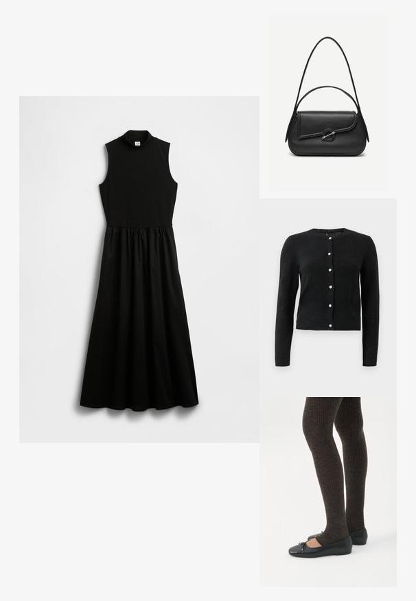 Cardigan long noir à manches longues avec un col rond et sept boutons décoratifs en argent sur le devant.; Robe noire sans manches avec un col montant simulé, un haut ajusté et une taille froncée menant à une jupe fluide. Confectionnée dans un tissu lisse.; Jambes portant des leggings côtelés foncés associés à des ballerines noires avec de petits détails en nœud sur fond blanc.; Sac à main en cuir noir avec bords arrondis, rabat asymétrique, fermoir circulaire en métal, et des bandoulières courtes et longues.