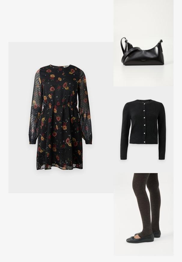 Cardigan negro de manga larga con cuello redondo y siete botones decorativos plateados en el frente.; Vestido negro de flores hecho de tela transparente. Presenta mangas largas abullonadas, un escote redondo, una cintura elástica y un patrón de puntos con diversas flores.; Piernas con leggings oscuros acanalados combinados con bailarinas negras que presentan pequeños detalles de lazo sobre un fondo blanco.; Bolso de mano de cuero negro con una textura suave. Cuenta con una correa ajustable y un diseño elegante y minimalista con cierre de cremallera.