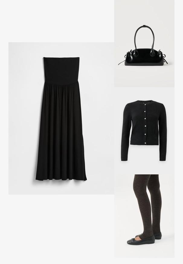 Cardigan negro de manga larga con cuello redondo y siete botones decorativos plateados en el frente.; Vestido maxi negro sin tirantes con corsé elástico, falda fruncida, textura suave y silueta fluida con aberturas laterales.; Piernas con leggings oscuros acanalados combinados con bailarinas negras que presentan pequeños detalles de lazo sobre un fondo blanco.; Pequeño bolso negro brillante con dos asas largas y detalles de cordón lateral sobre un fondo claro liso.