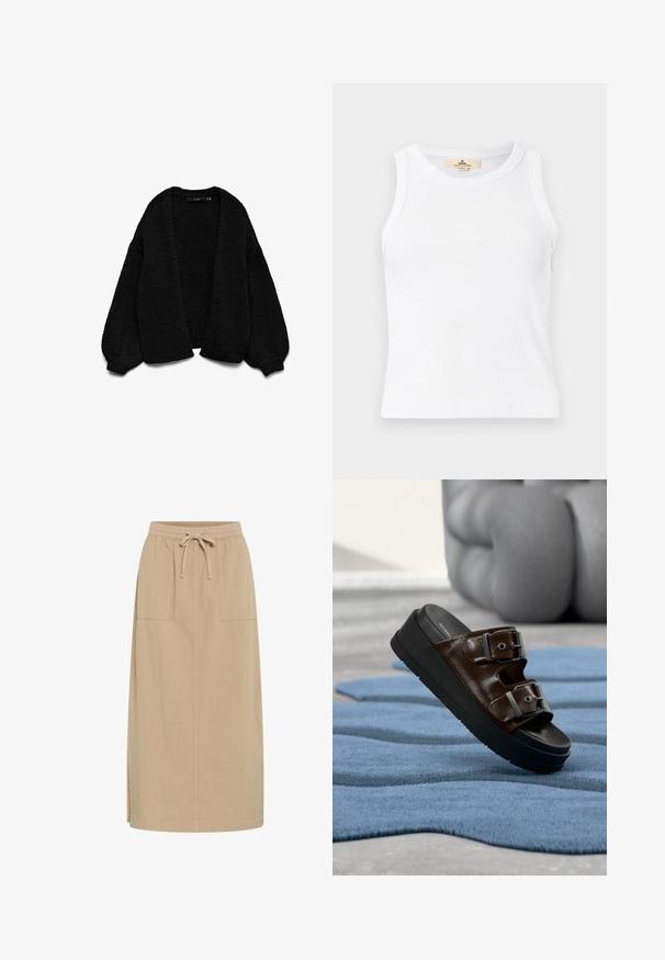 Cardigan de punto negro con un acabado texturizado, diseño de frente abierto y mangas extra grandes. Presenta puños y dobladillo acanalados.; Top corto blanco sin mangas con textura acanalada, cuello redondo y una etiqueta de marca beige visible en el interior del cuello.; Falda de algodón beige con cintura de cordón, dos bolsillos laterales, corte recto y aberturas laterales para mayor libertad de movimiento. Textura suave.; Sandalia de cuero marrón tipo slide con dos hebillas ajustables plateadas sobre una suela de plataforma negra, descansando sobre una alfombra azul texturizada.