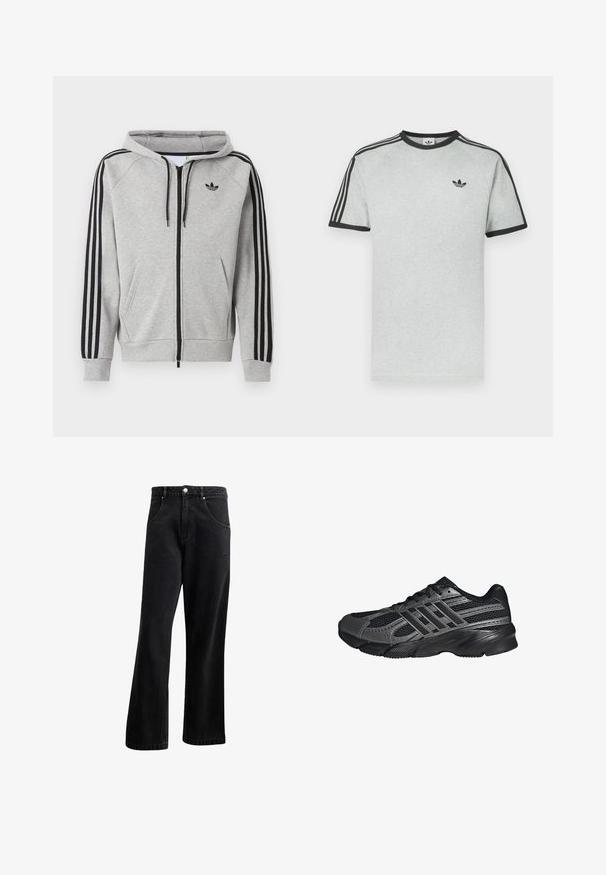 Lichtgrijze zip-up hoodie met zwarte strepen op de mouwen, voorzakken in kangaroostijl, trekkoord in de capuchon en een zwart Adidas trefoil-logo op de borst.; Grijs T-shirt met zwarte accenten, voorzien van een ronde hals en korte mouwen. Drie zwarte strepen op de schouders, klein logo op de borst.; Zwarte denim jeans met een recht gesneden ontwerp, voorzien van voorzakken, een knoopsluiting en een lichte textuur. Inclusief een subtiele logo-detail.; Zwarte sportschoenen gemaakt van mesh en synthetische materialen, met een getextureerd oppervlak, meerdere grijze strepen en een gevoerde kraag.