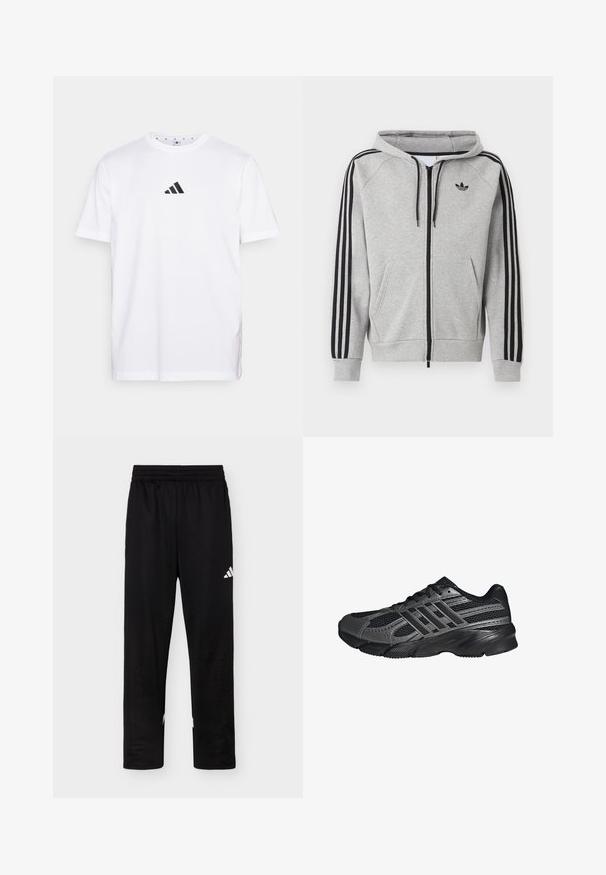 Lichtgrijze zip-up hoodie met zwarte strepen op de mouwen, voorzakken in kangaroostijl, trekkoord in de capuchon en een zwart Adidas trefoil-logo op de borst.; Witte katoenen T-shirt met een klein zwart driehoekig logo op de borst, korte mouwen en een ronde halslijn. Eenvoudig en klassiek ontwerp.; Zwarte sportbroek met elastische tailleband en wit Adidas-logo op de rechterdij tegen een effen achtergrond.; Zwarte sportschoenen gemaakt van mesh en synthetische materialen, met een getextureerd oppervlak, meerdere grijze strepen en een gevoerde kraag.