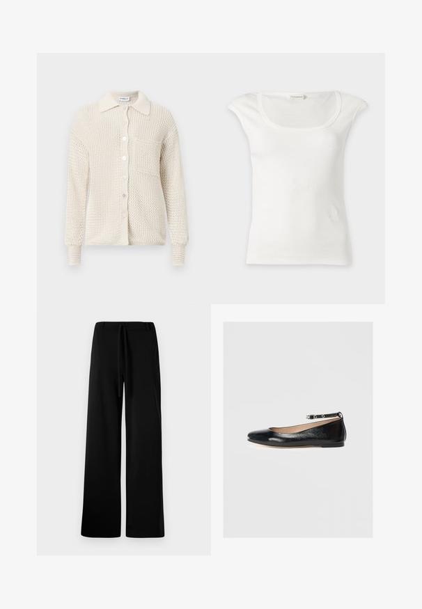 Cárdigan de punto en color crema, con cierre de botones en la parte delantera, cuello y un bolsillo en el pecho. Material texturizado y puños acanalados.; Top sin mangas blanco con bordado acanalado, escote redondo y pequeñas hombreras, exhibido sobre un fondo claro y liso.; Pantalones anchos de color negro, fabricados en un tejido suave, con cintura elástica y cordón, textura lisa y sin bolsillos ni estampados visibles.; Bailarina de cuero negro con punta redonda, cinta en el tobillo y tacón bajo. Textura suave y diseño minimalista.