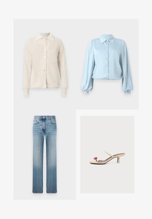 Strick-Cardigan in Creme mit Knopfleiste, Kragen und einer einzelnen Brusttasche. Strukturierter Stoff und gerippte Bündchen.; Hofmann Copenhagen FLORA - Hemdbluse - lavender blue; Hellblaue gerade geschnittene Jeans aus Denim mit dezentem Verblassen, klassischem Fünf-Taschen-Design und einem Metallknopfverschluss an der Taille.; Beiger High-Heel-Sandal mit einem dünnen Riemen und einem roten, runden Zehensteg auf weißem Hintergrund.