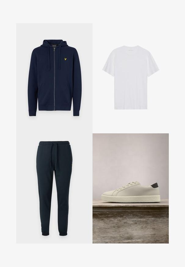 Marineblaues Zip-Hoodie aus Baumwollmischung. Verfügt über eine Kängurutasche, eine Kapuze mit Kordelzug und ein gelbes, gesticktes Logo auf der Brust.; Weißes Baumwoll-T-Shirt mit kurzen Ärmeln, Rundhalsausschnitt und glatter Textur. Verfügt über eine minimale Markenkennzeichnung am Halsausschnitt.; Dunkelblaue Sweatpants aus Baumwollmischung, mit elastischem Bund und Kordelzug sowie Bündchen an den Knöcheln. Kleines gelbes Logo-Detail.; Weißer Sneaker mit strukturierter Sohle und schwarzem Absatzdetail, schwebend über einer Holzbank mit hohem grünem Gras im Hintergrund.