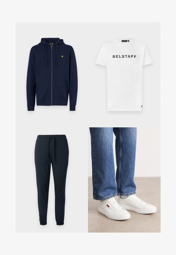 Marine blauwe sweatvest met rits, gemaakt van een katoenmix. Bevat een kangaroo zak, een capuchon met trekkoord en een gele geborduurde logo op de borst.; Witte katoenen t-shirt met een zwart 'BELSTAFF' logo op de voorkant. Klassieke ronde hals en korte mouwen met een klein logo detail op de zoom.; Donkerblauwe joggingbroek van katoenmix, met een elastische tailleband met trekkoord en boorden bij de enkels. Klein geel logodetail.; Witte sneakers met een glad oppervlak, ronde neus en platte zool. Vergezeld door blauwe denim jeans met een rechte pasvorm en zichtbare stiksels.
