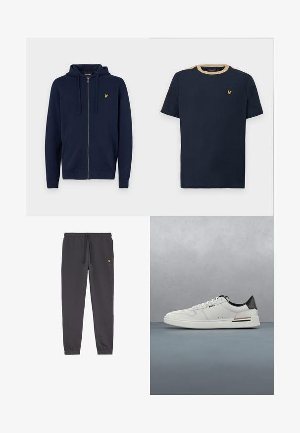 Hoodie zippé bleu marine en mélange coton. Il possède une poche kangourou, une capuche avec cordon de serrage, et un logo brodé jaune sur la poitrine.; T-shirt bleu marine en coton avec un col rond et des manches courtes. Doté d'une bordure beige et d'un petit logo brodé en or.; Pantalon de survêtement gris foncé en tissu doux, avec une taille élastique à cordon de serrage, des chevilles resserrées et un petit logo jaune sur la cuisse gauche.; Sneaker basse blanche avec talon noir, fermeture à lacets, perforations subtiles et logo "BOSS" sur le côté, vue depuis le profil extérieur.
