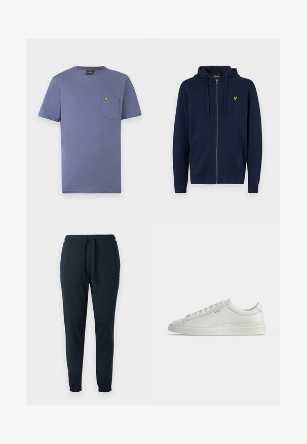 Hoodie zippé bleu marine en mélange coton. Il possède une poche kangourou, une capuche avec cordon de serrage, et un logo brodé jaune sur la poitrine.; T-shirt en coton violet à manches courtes, col rond, avec une poche poitrine ornée d'un logo brodé jaune.; Pantalon de survêtement bleu foncé en mélange de coton, doté d'une taille élastique avec cordon de serrage et de chevilles côtelées. Petit détail logo jaune.; Baskets basses blanches en cuir avec lacets, semelle plate et petit logo doré "BOSS" sur le côté, vues de l'extérieur.