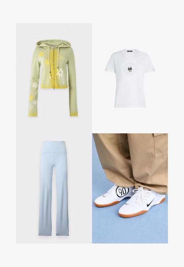 Lysegrøn cropped hoodie med gule solmønstre, hvide blomsterdesigns, forreste lynlås og snore med perler på hvid baggrund.; Hvid T-shirt med korte ærmer og rund halsudskæring, med en central grafik af en kat iført solbriller inde i en prikdet rund logo.; Lyseblå udvidede yogabukser med bred linning, glat tekstur og subtilt mærkelogo nær hoften. Ingen mønstre eller hardware-detaljer.; Hvide atletiske sko med et quiltet design, sort Nike swoosh og et fremtrædende sort "90" grafisk motiv på siden, parret med khaki bukser.
