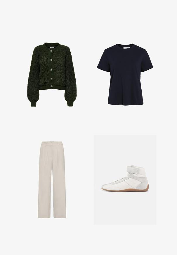 Cardigan vert et confortable fait de tissu texturé ; il possède des manches longues, un col rond et six grands boutons sur le devant.; T-shirt en coton bleu marine avec un col rond, des manches courtes et une coupe décontractée, présentant une texture lisse et un design minimaliste.; Pantalon large beige clair à taille haute, avec deux plis à l'avant, passants pour ceinture et texture lisse.; Baskets montantes en cuir blanc et daim avec une semelle en caoutchouc beige. Elles disposent d'un laçage à l'avant et d'une bride Velcro pour un ajustement sécurisé.