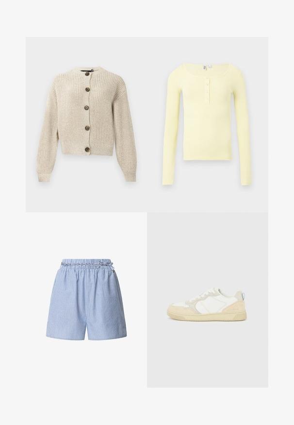 Beige strikket cardigan med lange ærmer og fem store brune knapper foran, med en ribbet krave og manchetter.; Lysegul ribbet langærmet skjorte med rund halsudskæring og fire små dekorative knapper på forflappen.; Blå stribede shorts med elastisk talje og et flettet snor. Har vertikale hvide striber og et afslappet design.; Hvid og beige sneaker med en overdel i ruskind og tekstil, med kontrastsyninger, en gummisål og en lyseblå detalje på hælen.