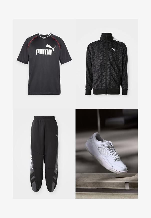 Chaqueta negra con cremallera que presenta un patrón de logotipos repetidos, puños y dobladillo acanalados, y acentos blancos en los hombros. Fabricada en tejido suave.; Camiseta deportiva negra de Puma con mangas cortas, logo blanco, acentos rojos en los hombros y cuello en forma de V. Fabricada con material ligero.; Pantalones de chándal negros hechos de material suave. Con cinturilla elástica, piernas ajustadas, detalles en gris y logotipos blancos en los laterales.; Zapatilla deportiva blanca con cordones suspendida sobre un banco de hormigón en un entorno interior poco iluminado.