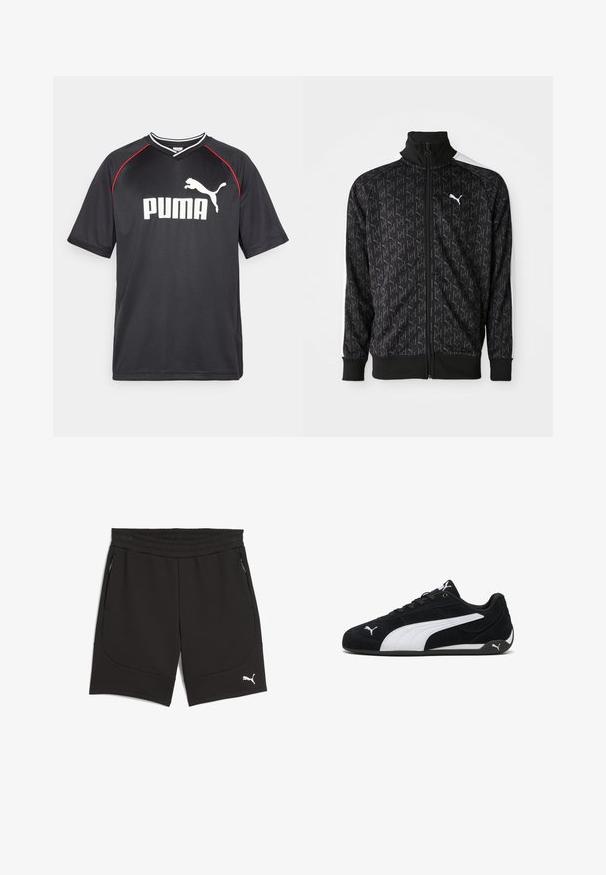 Chaqueta negra con cremallera que presenta un patrón de logotipos repetidos, puños y dobladillo acanalados, y acentos blancos en los hombros. Fabricada en tejido suave.; Camiseta deportiva negra de Puma con mangas cortas, logo blanco, acentos rojos en los hombros y cuello en forma de V. Fabricada con material ligero.; Pantalones cortos deportivos negros hechos de una tela suave. Las características incluyen una cinturilla elástica, dos bolsillos laterales y un acento de logo blanco.; Zapatillas deportivas de ante negro con una franja lateral blanca, detalles de marca en blanco, suela plana negra y cordones negros.