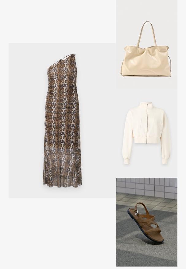 Off-white cropped jakke med lange ærmer, høj hals, frontlynlås, ribstrikkede manchetter og ribstrikket linning på en ensfarvet baggrund.; Én skulder, gulvlængde kjole med brun, sort og hvid dyreprint og et let rucheret design på en hvid baggrund.; Brun sandal med krydsede remme og sort sål ser ud til at svæve over en brolagt overflade, med en flisebelagt væg i baggrunden.; Stor blød beige lædertaske med to lange håndtag og en let sammenfalden form mod en ensfarvet baggrund.