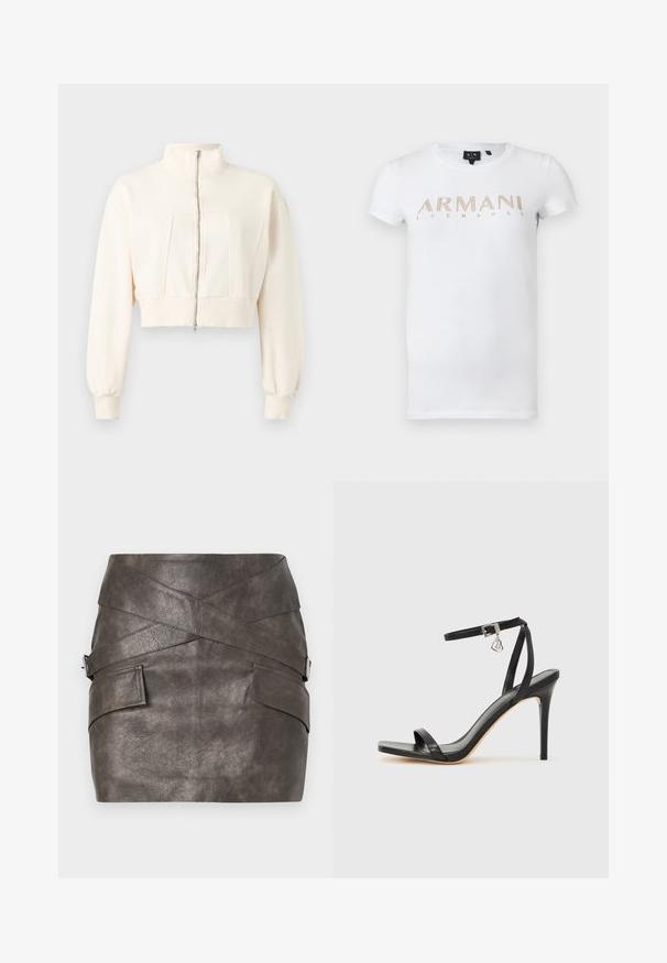 Off-white cropped jas met lange mouwen, hoge kraag, rits aan de voorkant, geribbelde manchetten en een geribbelde tailleband op een effen achtergrond.; Witte T-shirt met korte mouwen en ronde hals met gouden "Armani Exchange" logo op de borst.; Donkergrijze faux leren minirok met een asymmetrisch ontwerp, kenmerken kruis-over details en zijzakken met een metalen hardwareaccent.; Zwarte sandaal met hoge hak, smalle enkelband, vierkante neus, soepel leermateriaal en metalen gespsluiting.