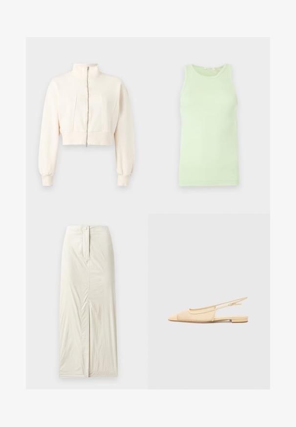 Off-white cropped jakke med lange ærmer, høj hals, frontlynlås, ribstrikkede manchetter og ribstrikket linning på en ensfarvet baggrund.; Ærmeløs lysegrøn tanktop med rund halsudskæring, glat stof og diskret logodetalje ved nederste kant.; Lys beige, knælang nederdel lavet af glat, tekstureret stof. Har en frontslids og en knaplukning i taljen.; Slingback fladsko i lys beige med en mesh-overdel, spids tå og en lav hæl. Har en justerbar strop for bedre pasform.
