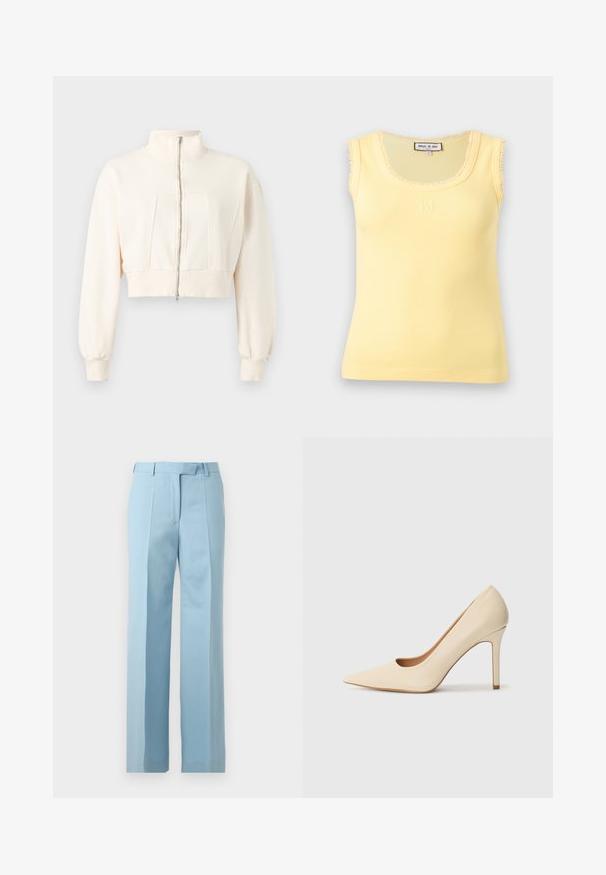 Off-white kurze Jacke mit langen Ärmeln, hohem Kragen, Frontreißverschluss, gerippten Bündchen und geripptem Bund auf einfarbigem Hintergrund.; Gelbes ärmelloses geripptes Top mit spitz zulaufendem Ausschnitt, der mit Spitze verziert ist, und dem gestickten "PJ"-Logo, das zentriert unter dem Ausschnitt platziert ist.; Hellblaue, maßgeschneiderte Hose mit hoher Taille, Gürtelschlaufen, vorderen Falten und geradem Bein auf weißem Hintergrund.; Beige Leder-Pumps mit hohen Absätzen, spitz zulaufend und mit einer seitlichen Aussparung, ausgestattet mit einem schlanken Stiletto-Absatz für zusätzliche Unterstützung.