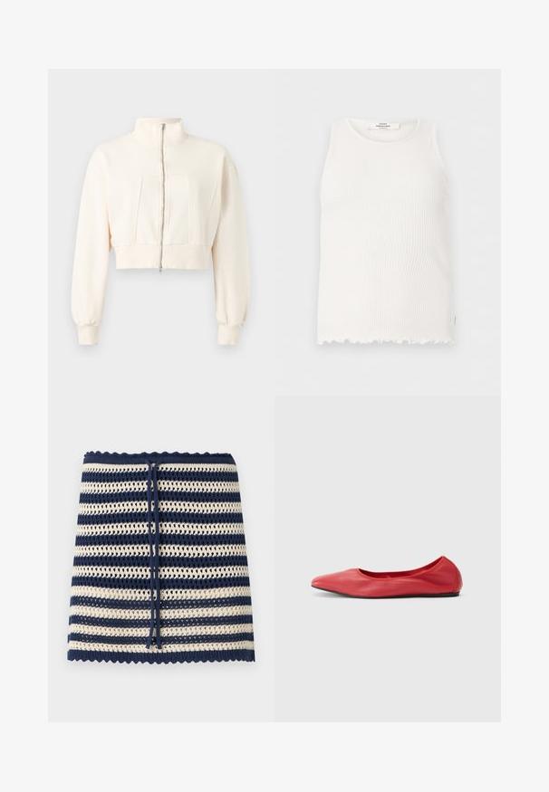 Veste courte écrue à manches longues, col montant, fermeture éclair devant, poignets et ceinture côtelés sur fond uni.; Débardeur blanc en maille côtelée sans manches avec encolure ronde et ourlet festonné, étiquette "Mads Nørgaard Copenhagen" au niveau de la nuque.; Jupe tricotée à rayures horizontales bleu marine et crème, bords festonnés et lien à cordon bleu marine à la taille.; Filippa K REY FLATS - Ballerines - bright red
