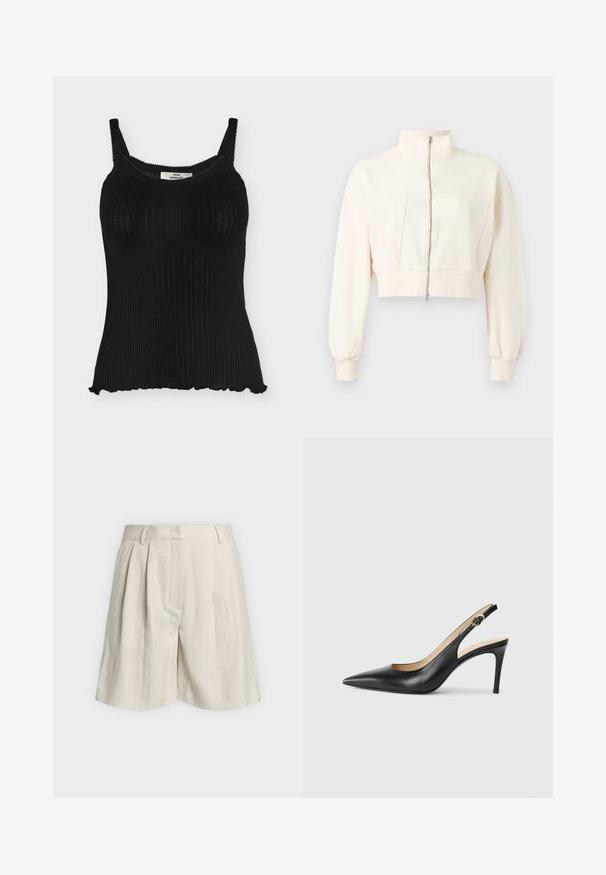 Veste courte écrue à manches longues, col montant, fermeture éclair devant, poignets et ceinture côtelés sur fond uni.; Débardeur en maille côtelée noire avec fines bretelles et bords festonnés le long de l'encolure et de l'ourlet.; Short beige taille haute avec passants de ceinture, plis devant et coupe large aux jambes, présenté sur un fond clair uni.; Escarpins en cuir noir avec une pointe fine, une bride ajustable et un talon aiguille élégant, présentant une finition lisse.