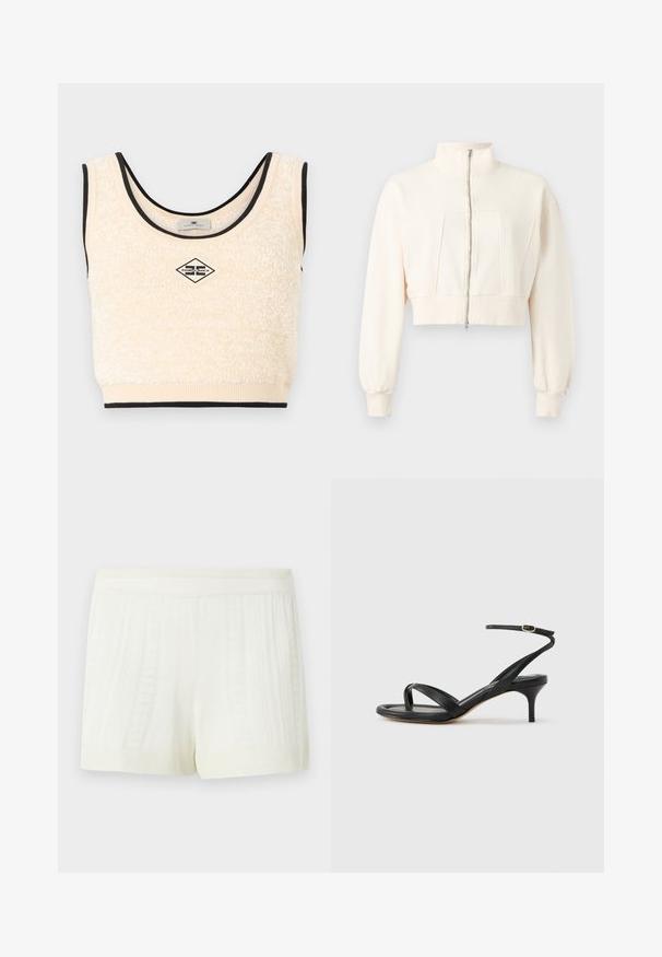 Veste courte écrue à manches longues, col montant, fermeture éclair devant, poignets et ceinture côtelés sur fond uni.; Haut court sans manches en texture crème avec un bord noir et un patch logo en forme de losange centré portant l'inscription "Elisabetta Franchi".; Shorts tricotés de couleur crème avec des motifs texturés verticaux et une large ceinture élastique sur un fond uni.; Sandale pour femme en cuir noir avec fines lanières, une boucle d'orteil, une boucle à la cheville et un talon aiguille de hauteur moyenne sur un fond neutre.