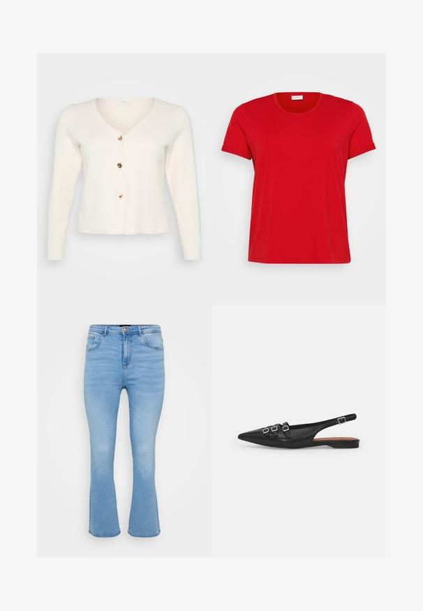 Cremfarbener Cardigan aus weichem Stoff, mit V-Ausschnitt, langen Ärmeln und fünf goldfarbenen Knöpfen vorne. Ausgestellter Saum.; Rotes Kurzarm-T-Shirt mit Rundhalsausschnitt, aus einem weichen Baumwollmischgewebe, mit lockerem Sitz und glatter Textur.; Helle, blaue, aus Baumwoll-Denim gefertigte Schlagjeans. Sie verfügen über eine hohe Taille, fünf Taschen und sichtbare Nähte entlang der Nähte und am Saum.; Schwarze Leder-Slingback-Ballerina mit spitzem Zeh, ausgestattet mit zwei horizontalen Riemen und quadratischen silbernen Schnallen, mit flachem Absatz und glatter Oberfläche.