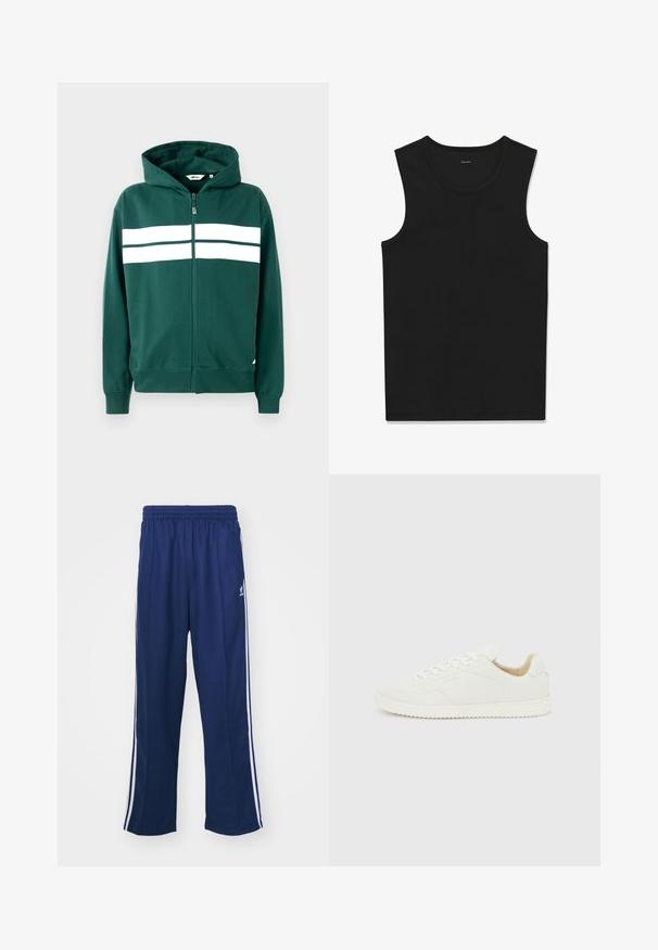 Grøn zip-up hoodie lavet af blødt stof, med en foret hætte og to hvide vandrette striber på tværs af brystet. Ribbet manchetter og kant.; Sort ærmeløs ribstrikket tanktop med rund halsudskæring og et lille mærke med brandnavn indvendigt bagpå kraven.; Marineblå sportbukser med en afslappet pasform, udstyret med hvide sidestativer og elastisk talje. Glat stof, ingen synlige mønstre eller hardware.; Hvid lavt snøresneaker i læder med hvide snørebånd og tekstureret sål, vist fra ydersiden på en lysegrå baggrund.
