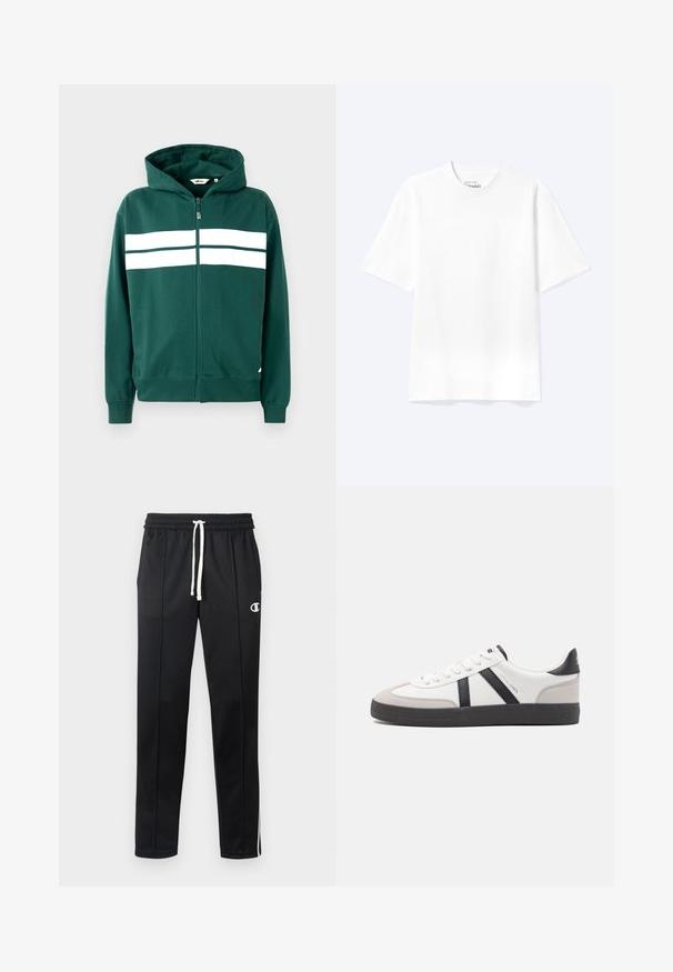 Groene ritshoodie van zacht materiaal, met een gevoerde capuchon en twee witte horizontale strepen over de borst. Geribbelde boorden en onderkant.; Effen witte T-shirt met korte mouwen en ronde hals, met een losse pasvorm, weergegeven op een lichte achtergrond.; Zwarte sportbroek met witte trekkoord, zijstrepen, voorzakken en een klein wit Champion-logo op de linkerdij.; Witte sneaker met zwarte en grijze accenten, voorzien van een grijze neus met textuur, zwarte rubberen zool en platte witte veters. Schoon ontwerp, minimalistische stijl.