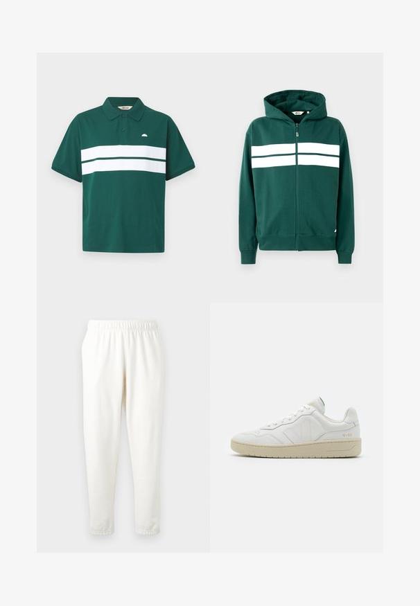 Groene ritshoodie van zacht materiaal, met een gevoerde capuchon en twee witte horizontale strepen over de borst. Geribbelde boorden en onderkant.; Groene polo shirt van katoen met een witte horizontale streep over de borst. Voorzien van een klassieke kraag en een klein logo aan de linkerkant.; Elastische taille crèmekleurige joggingbroek met taps toelopende pijpen, gemaakt van zacht materiaal. Heeft een gladde textuur en geen zichtbare patronen of accenten.; Witte leren sneakers met een gestructureerde afwerking en een gevoerde kraag. Voorzien van een beige rubberen zool en subtiele branding op de hiel en zijkant.