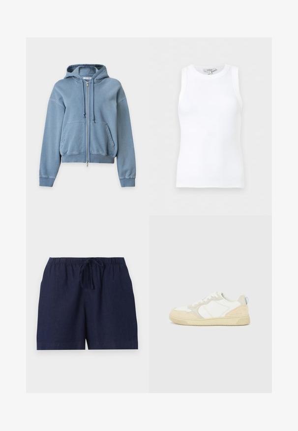 Sweat à capuche bleu zippé avec poches avant, capuche avec cordon de serrage et poignets et base côtelés, présenté sur un fond clair uni.; Débardeur blanc côtelé sans manches avec encolure ronde, coupe ajustée et petite étiquette de marque à l’intérieur du col.; Shorts décontractés bleu marine avec taille élastique et cordon réglable, fabriqués en tissu léger.; Baskets blanches et beiges avec dessus en suède et textile, présentant des coutures contrastées, une semelle en caoutchouc et un accent bleu clair sur le talon.