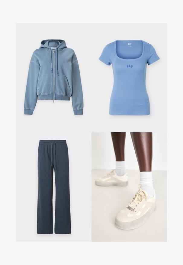 Blauer Kapuzenpullover mit Reißverschluss, Fronttaschen, Kordelzug an der Kapuze sowie gerippten Bündchen und Saum, auf einem schlichten hellen Hintergrund präsentiert.; Hellblaues, geripptes Kurzarm-Top mit quadratischem Ausschnitt und kleinem "GAP"-Logo auf der Brust bestickt.; Dunkelblaue Sweatpants mit weitem Bein aus weichem, atmungsaktivem Stoff. Verfügt über einen elastischen Bund mit Kordelzug für anpassbare Passform.; Beige Sneakers aus glattem Leder und Wildlederakzenten, graue Gummisohle, strukturierte Muster und ein metallisches Markenlogo an der Seite.