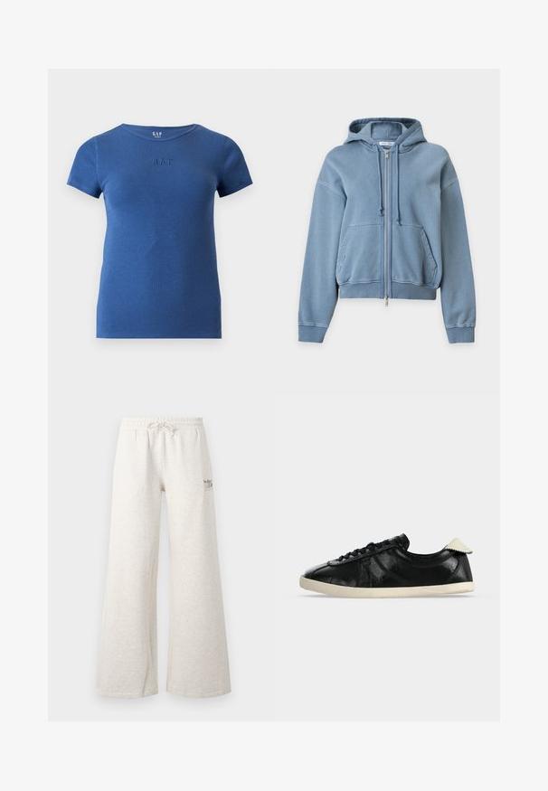 Sweat à capuche bleu zippé avec poches avant, capuche avec cordon de serrage et poignets et base côtelés, présenté sur un fond clair uni.; T-shirt bleu côtelé à manches courtes avec col rond et petit logo GAP embossé sur la poitrine.; Pantalon de survêtement large couleur beige clair avec taille élastique et cordon, avec petit logo New Balance sur la cuisse gauche.; Baskets basses noires avec semelle blanche et languette au talon, tige en cuir texturé et lacets noirs sur fond clair uni.