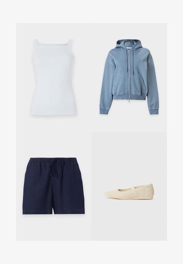 Sudadera con capucha azul con cremallera, bolsillos delanteros, capucha con cordón y puños y dobladillo acanalados, presentada sobre un fondo liso y claro.; Top de tirantes estrechos en azul claro con canalé y escote recto. Hecho de una tela suave, presenta un diseño ajustado y un detalle mínimo.; Pantalones cortos casual azul marino con cintura elástica y cordón ajustable, hechos de tela ligera.; Bailarinas beige con un exterior de cuero liso, punta en forma de almendra y una correa elástica en el empeine, con detalles de costura sutiles.
