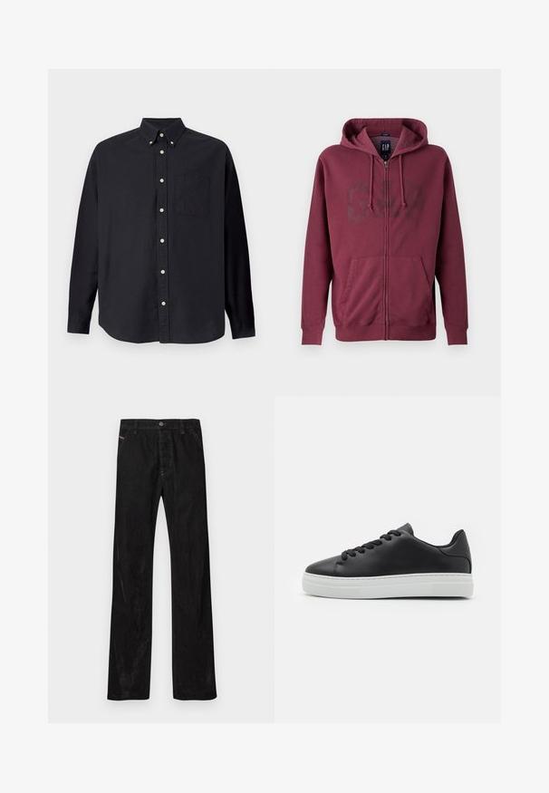 Bordeaux zip-up hættejakke med en frontlomme og snoretræk i hætten, der har et diskret GAP-logo på brystet.; Sort langærmet skjorte lavet af bomuld. Har en button-down krave, frontlomme og en fuld knapstolpe med lysfarvede knapper.; Sorte kordfløjlsbukser med et lige ben-design, der har lukning med knapper, diskret branding og to forlommer. Glat tekstur og ensfarvet.; Sorte lædersneakers med rund tå, hvid gummisål og sorte snørebånd. Har en glat overflade og minimalistisk design.